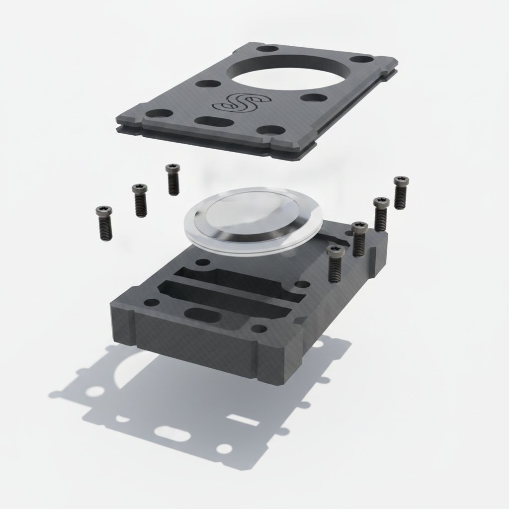 AT-02 exploded view: front plate, AirTag, case body and six bolts