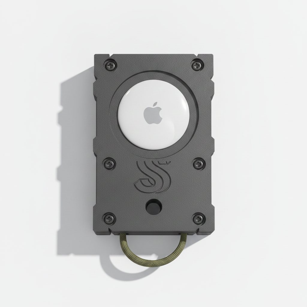 AT-02 top view: the AirTag exposed in the front ring, four torx bolts