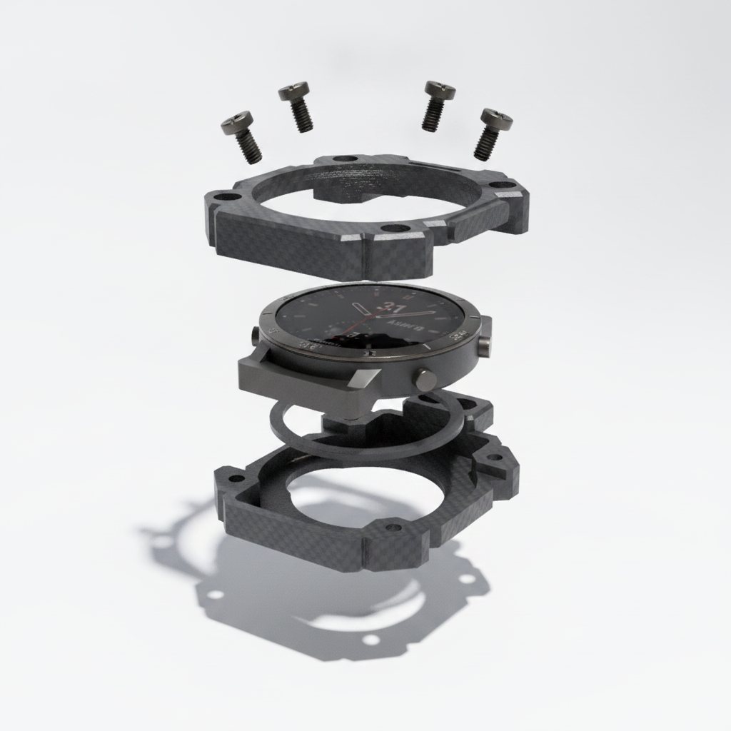 CP-03 exploded view: front ring, Epix Pro, shim, back half and four bolts