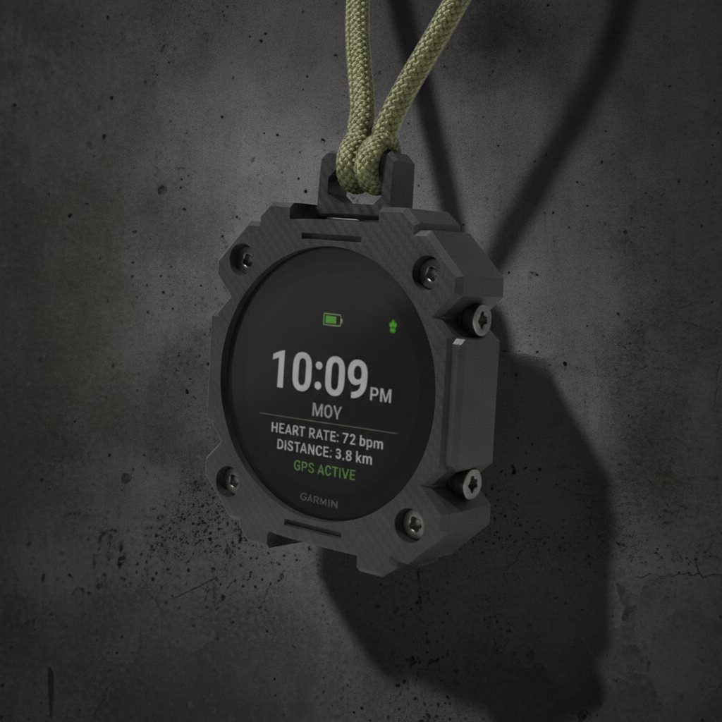 The CP-03 Coach Pendant hanging by its olive paracord against dark concrete